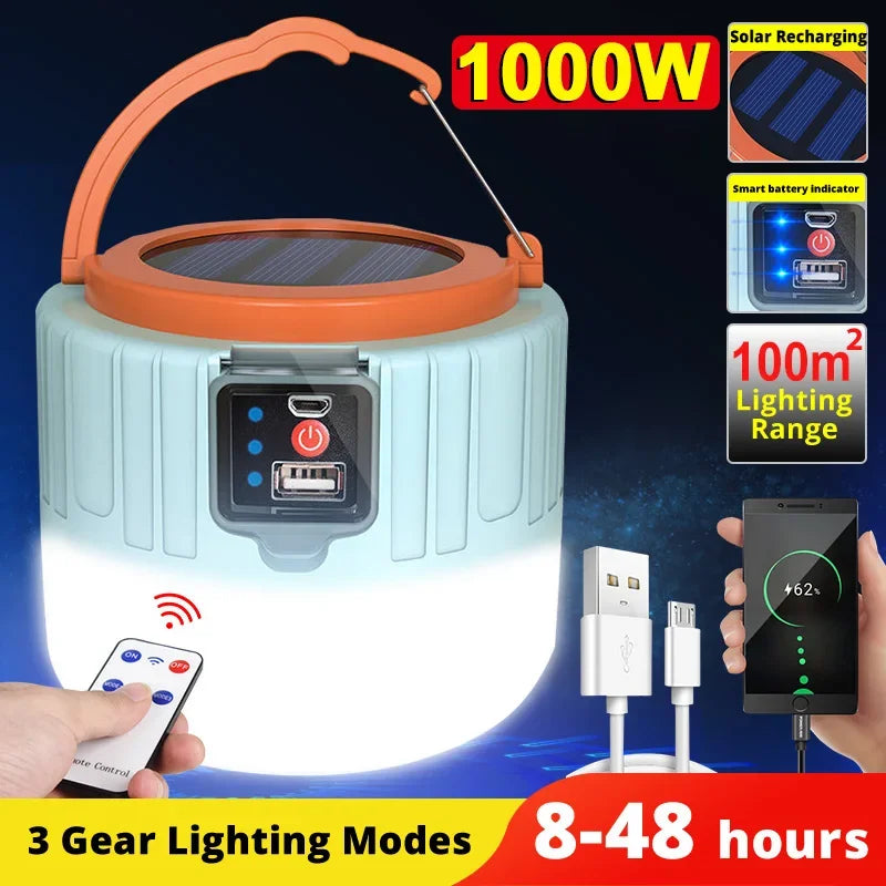 Solar Rechargeable Camping Lantern — 3 Modes, IPX6, Remote, SOS